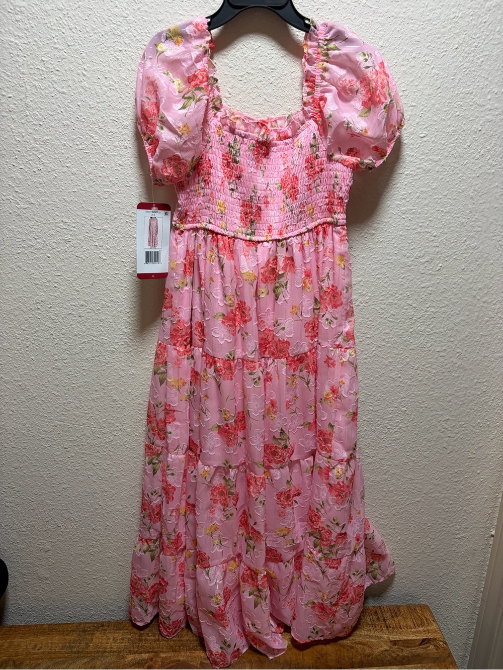 Girls' Pink Floral Puff-Sleeve Smocked Maxi Dress